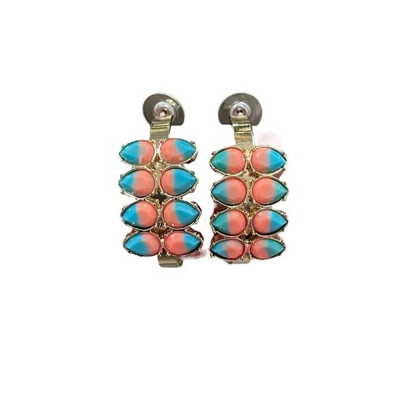 Turquoise and Pink Teardrop Gold Plated Hoop Stud Earrings - Picture 2 of 5